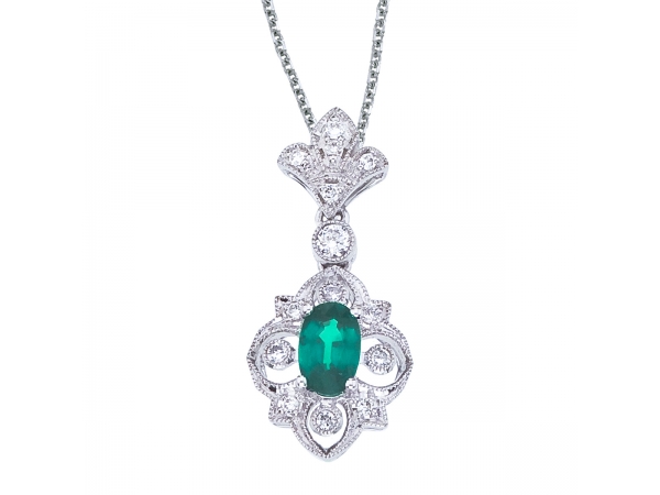 14k White Gold Emerald and Diamond Fleur De Lis Pendant by Color Merchants