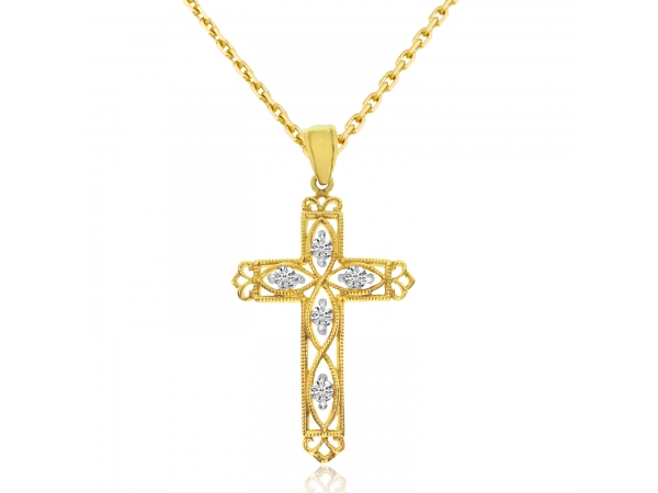 14K Yellow Gold .25 Ct Diamond Filigree Cross Pendant with 18" Chain by Color Merchants
