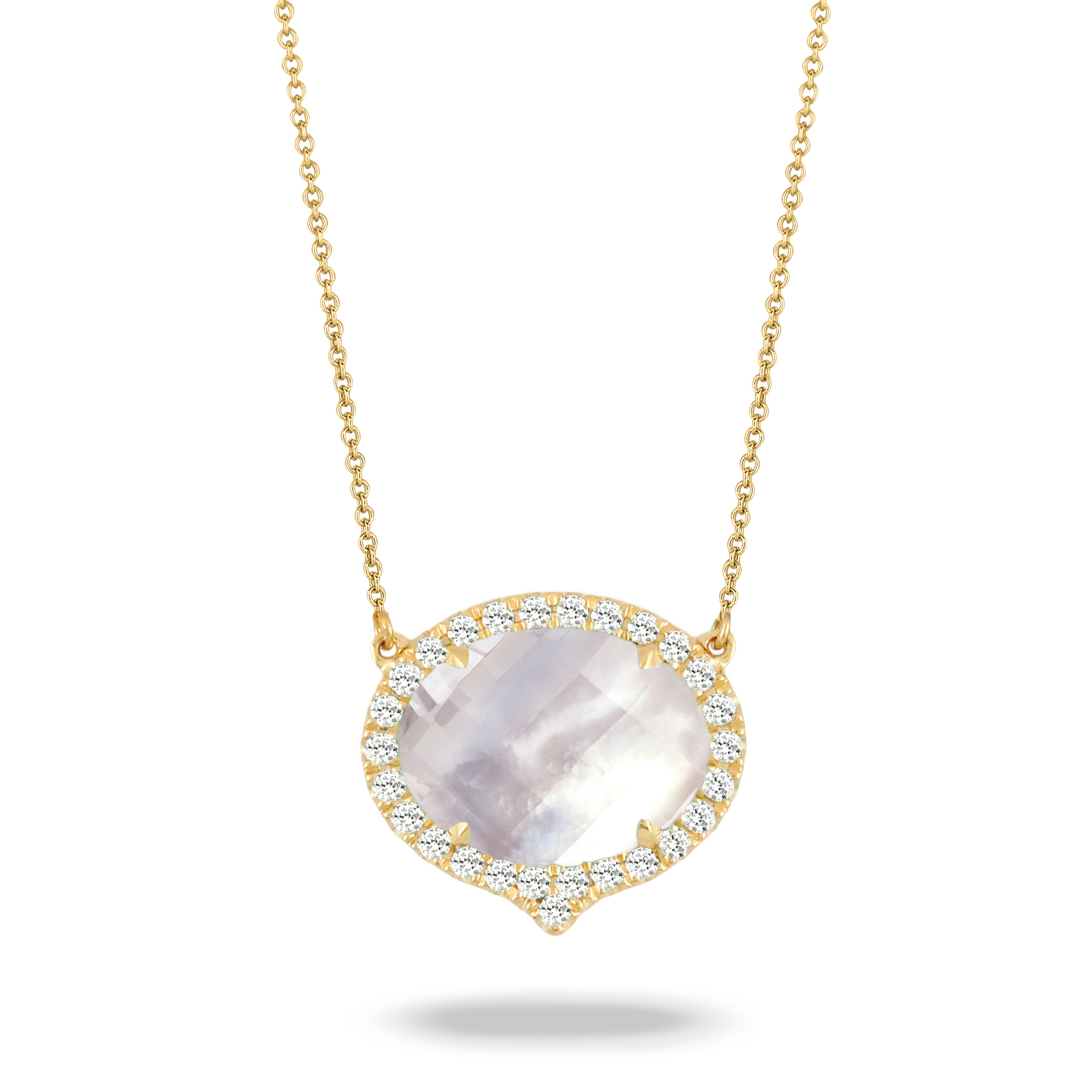 18K Yellow Gold Pearl Necklace - 18K Yellow Gold Diamond Necklace With Clear Quartz Over White Mother Of Pearl