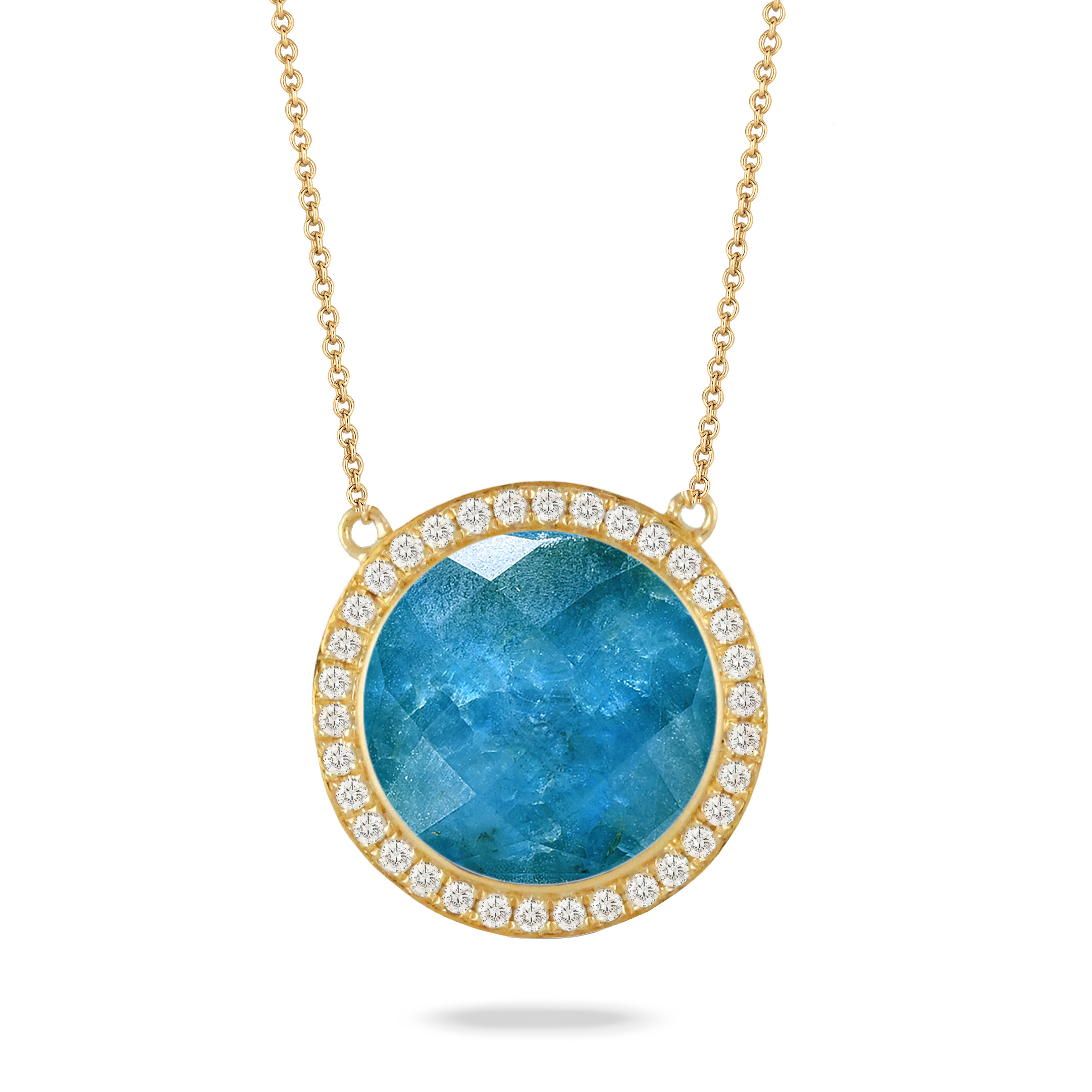 18K Yellow Gold Apatite Necklace - 18K Yellow Gold Diamond Necklace With Clear Quartz Over Appatite In Satin Finish