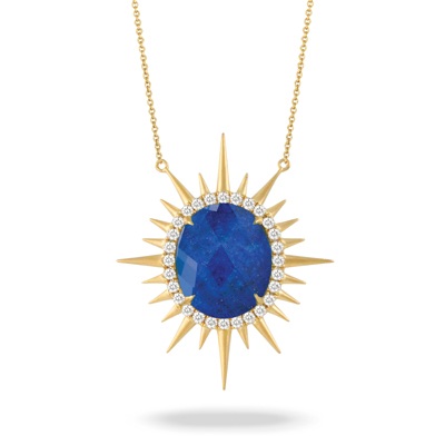 18K Yellow Gold Lapis Lazuli Necklace - 18K Yellow Gold Diamond Necklace With Clear Quartz Over Lapis In Satin Finish