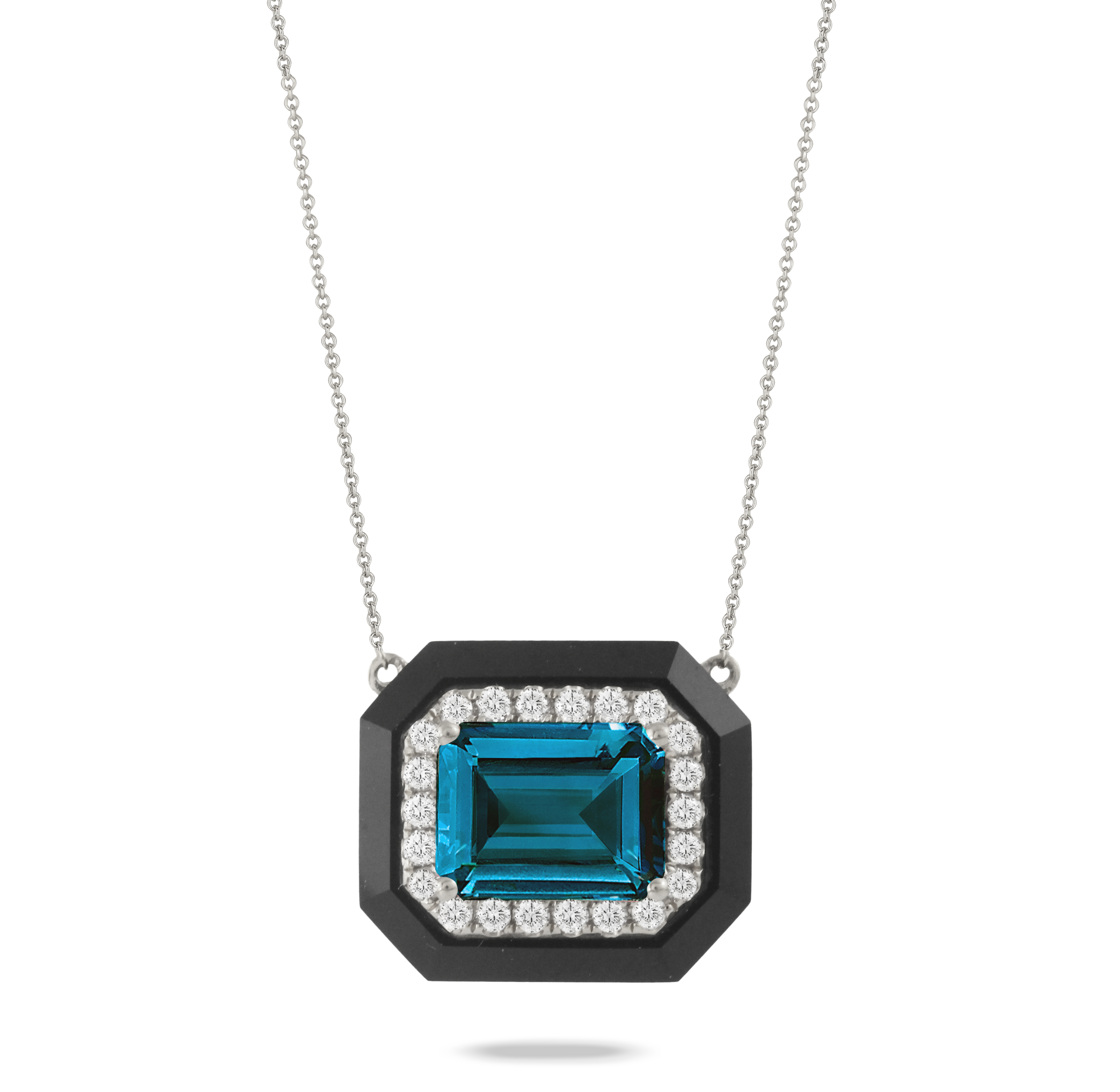 18K White Gold Onyx Necklace - 18K White Gold Diamond Necklace With Black Onyx And London Blue Topaz