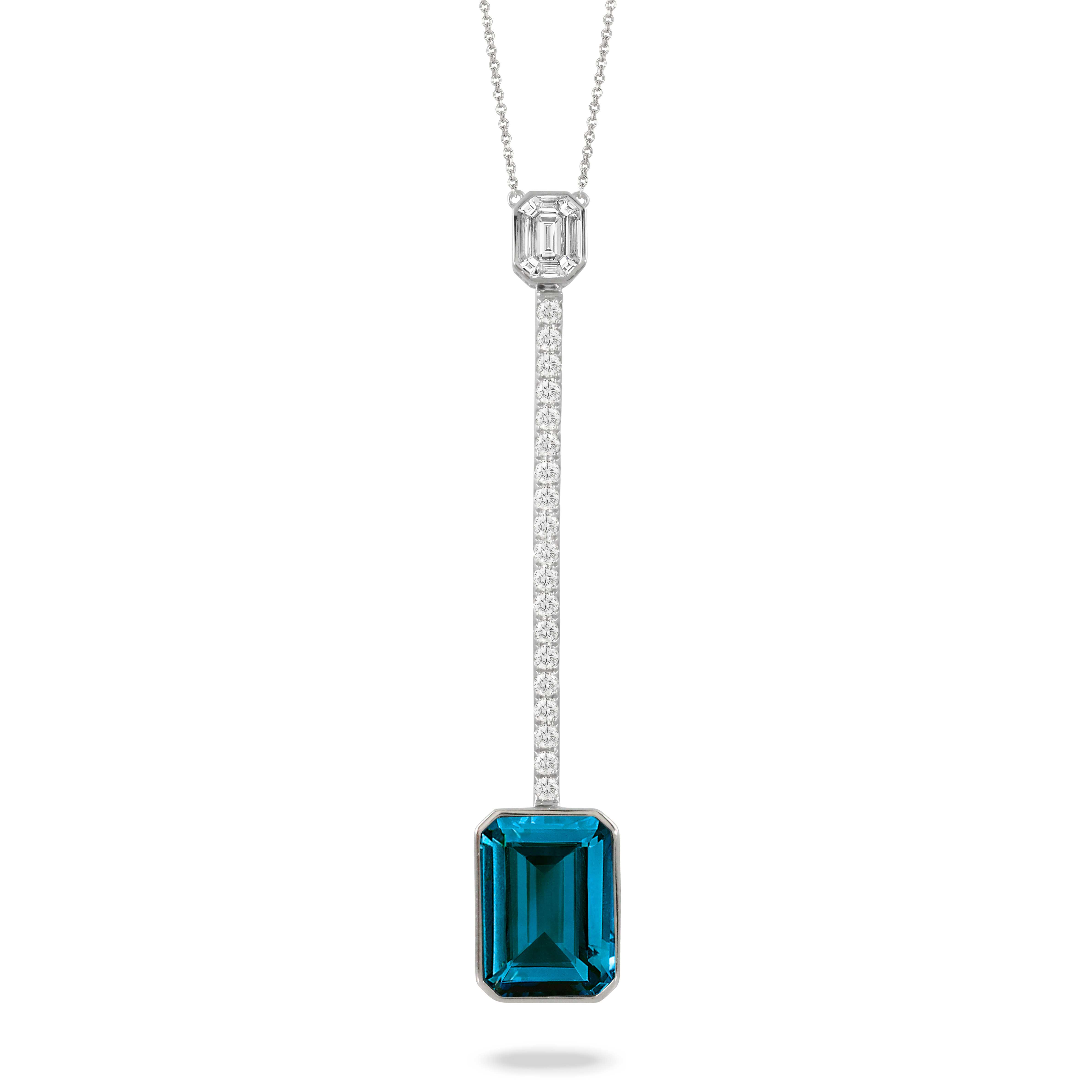 18K White Gold London Blue Topaz Necklace - 18K White Gold Invisible Set Diamond Necklace With London Blue Topaz