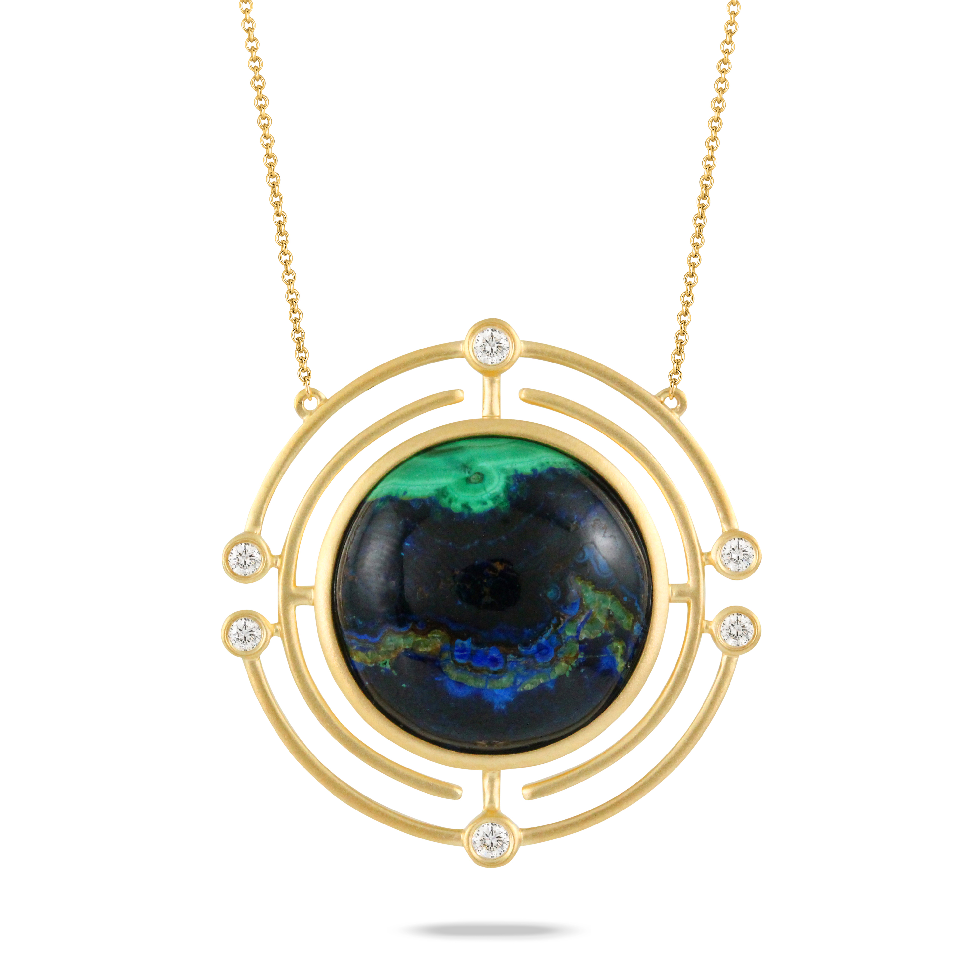 18K Yellow Gold Azurite-Malachite Necklace - 18K Yellow Gold Diamond Necklace With Azurite Malachite In Satin Finish