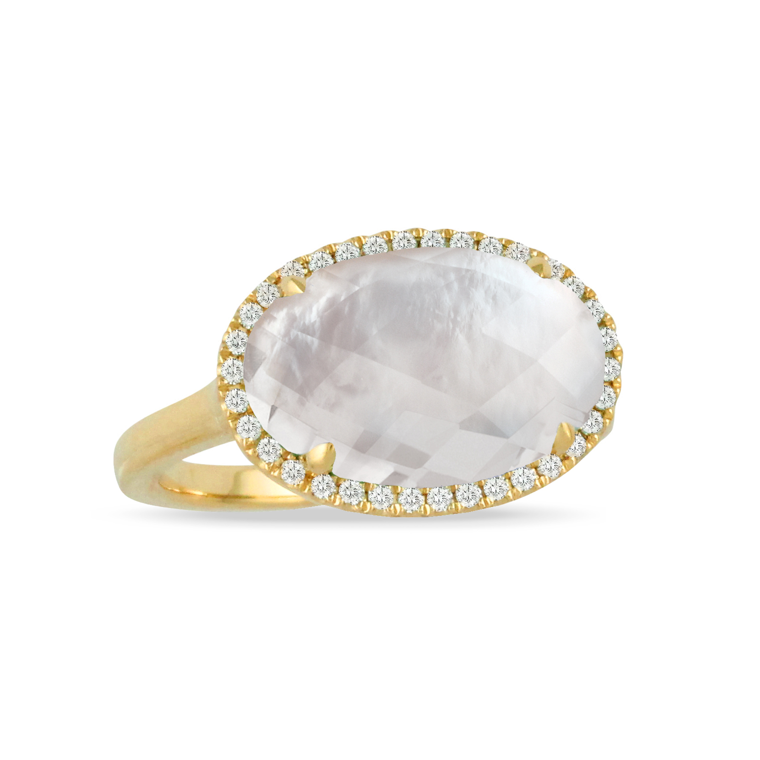 18K Yellow Gold Pearl Fashion Ring - 18K Yellow Gold Diamond Ring With Clear Quartz Over White Mother Of Pearl