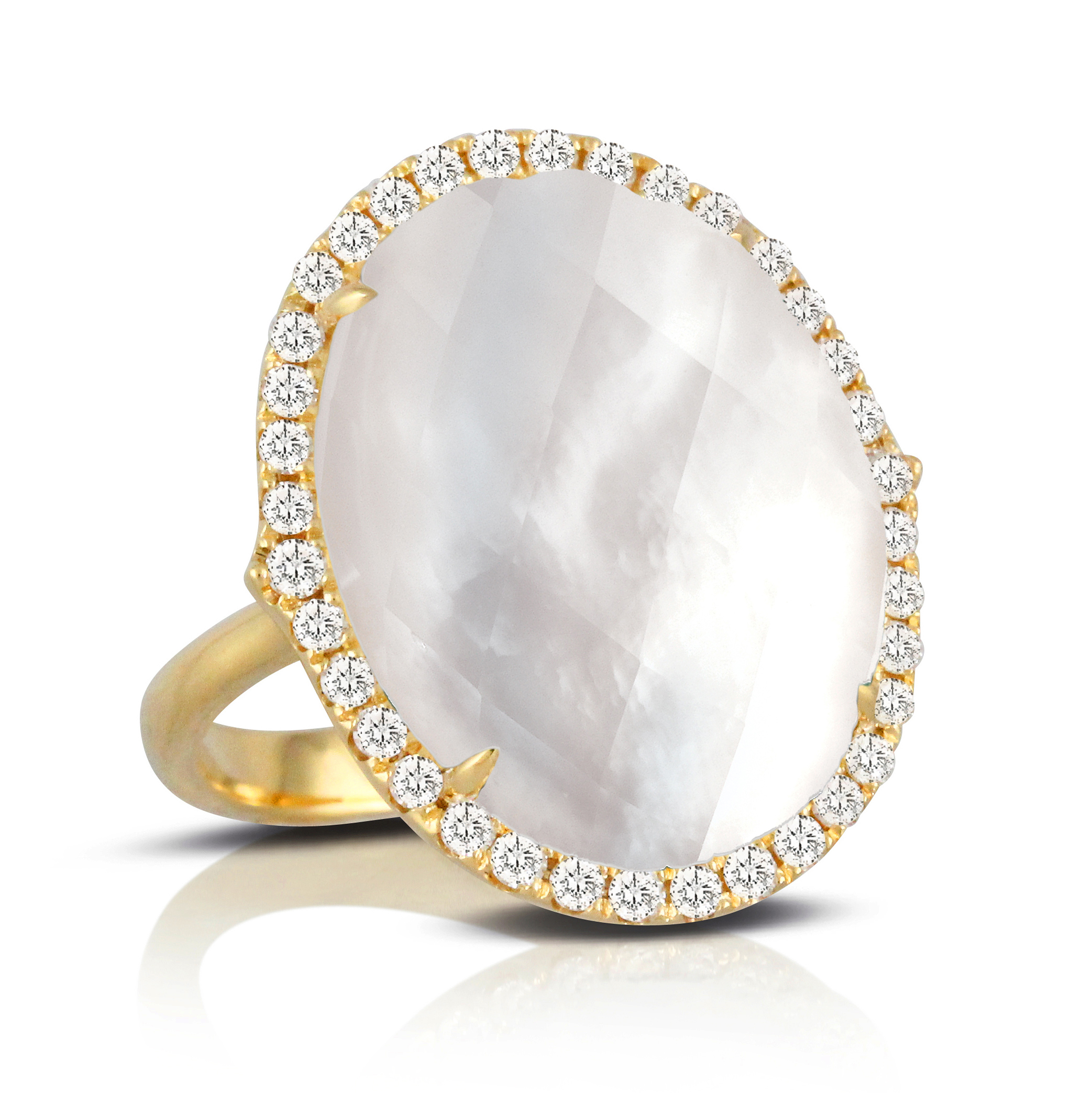 18K Yellow Gold Pearl Fashion Ring - 18K Yellow Gold Diamond Ring With Clear Quartz Over White Mother Of Pearl
