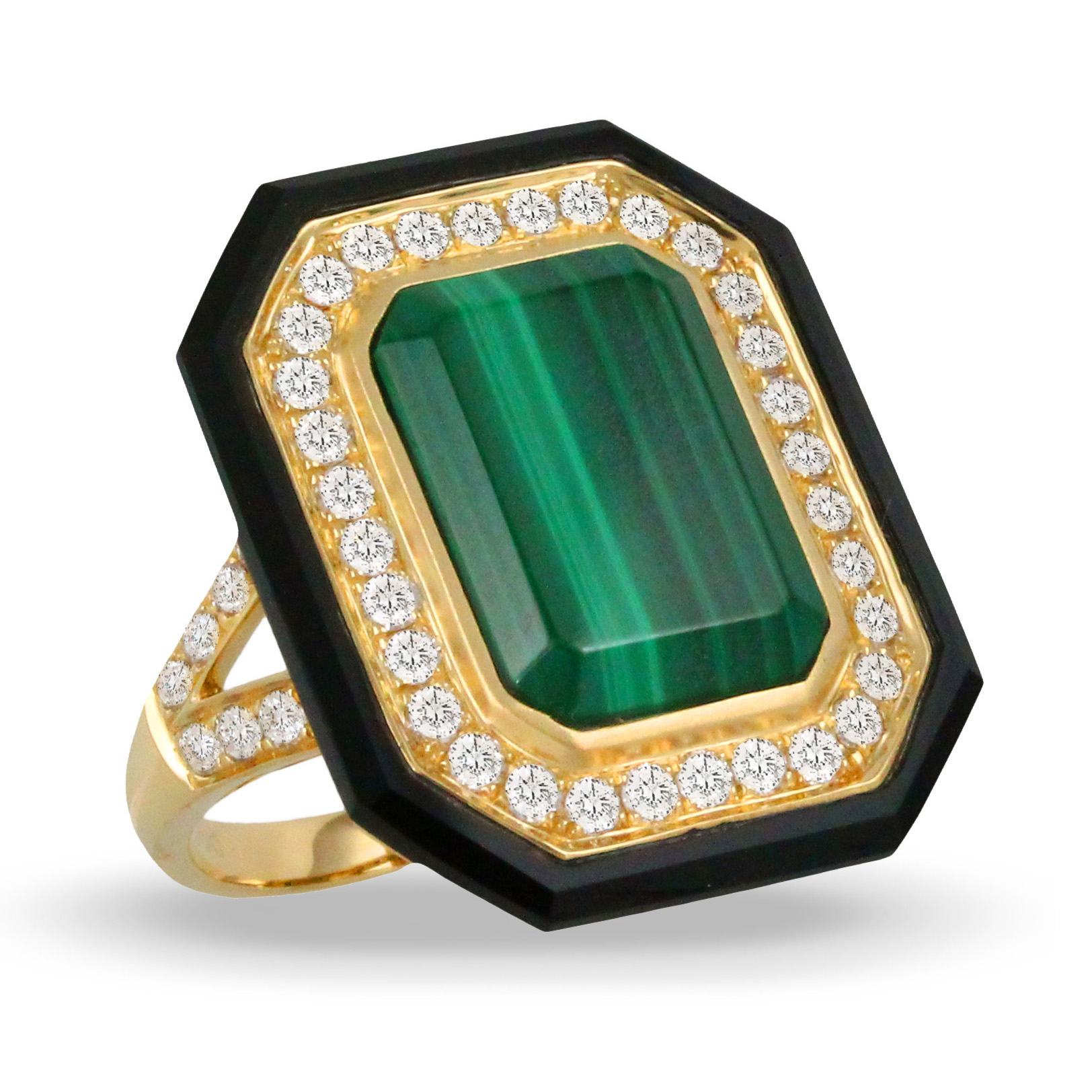 18K Yellow Gold Onyx Fashion Ring - 18K Yellow Gold Diamond Ring With Malachite Center And  Black Onyx Sides With Satin Finish Around Center Stone