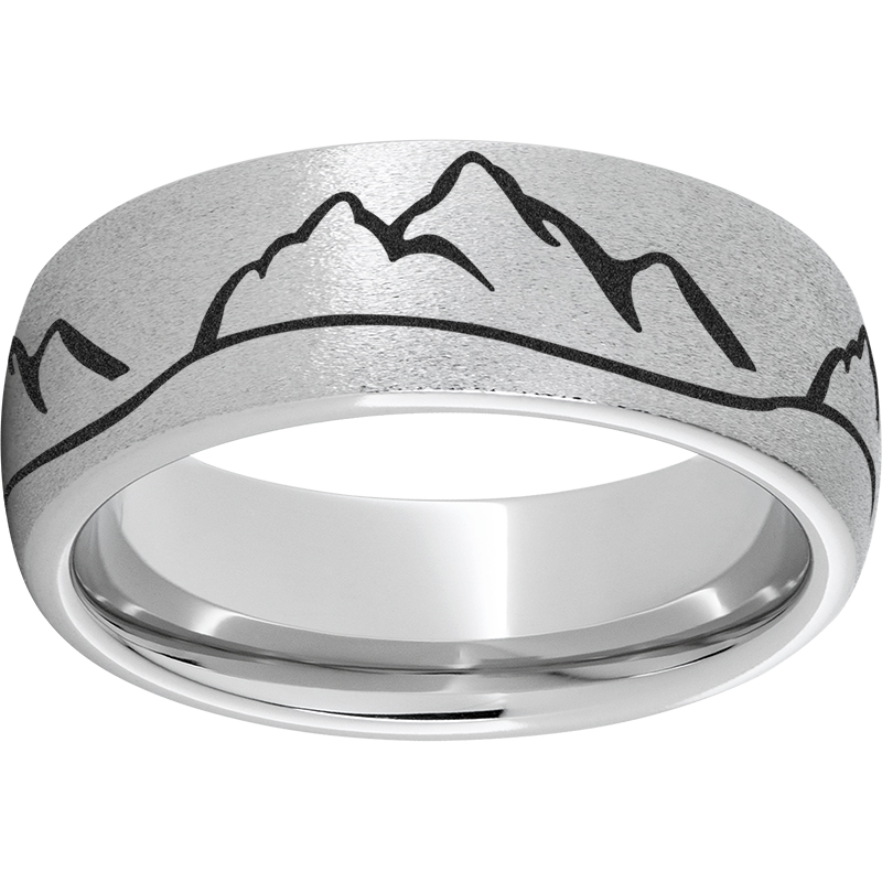 Serinium® Domed Band with Stone Finish and Mountain Laser Engraving by Jewelry Innovations