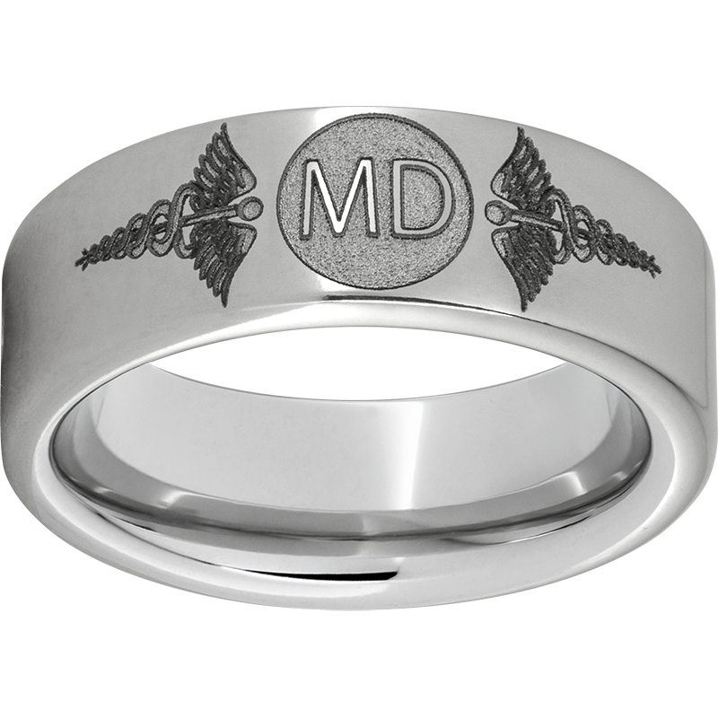 Serinium® Pipe Cut Band with Laser Engraving of Caduceus & Medical Doctor Initials  by Jewelry Innovations