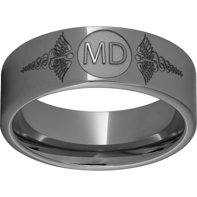 Rugged Tungsten™ Pipe Cut Band with Laser Engraving of Caduceus & Medical Doctor Initials  by Jewelry Innovations