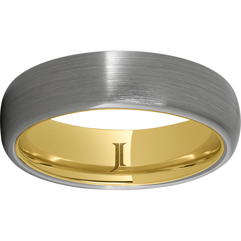 Rugged Tungsten™ 6mm Domed Band with Satin Finish and Hidden Gold™ 10K Yellow Gold Inlay - The Hidden Gold Collection of contemporary metal rings are inset with solid gold inlays. Unlike plated rings, these bands are inlaid with solid yellow or rose gold sheets for beauty and durability, and are available in multiple shapes and widths and the full range of our unique laser engraved designs.