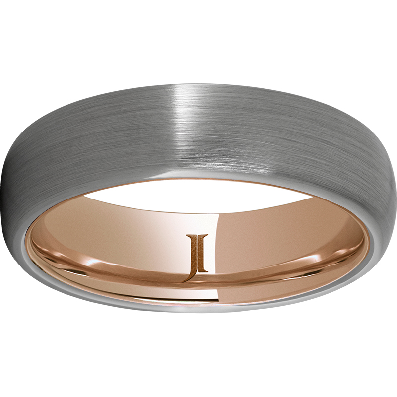 Rugged Tungsten™ 6mm Domed Band with Satin Finish and Hidden Gold™ 10K Rose Gold Inlay by Jewelry Innovations