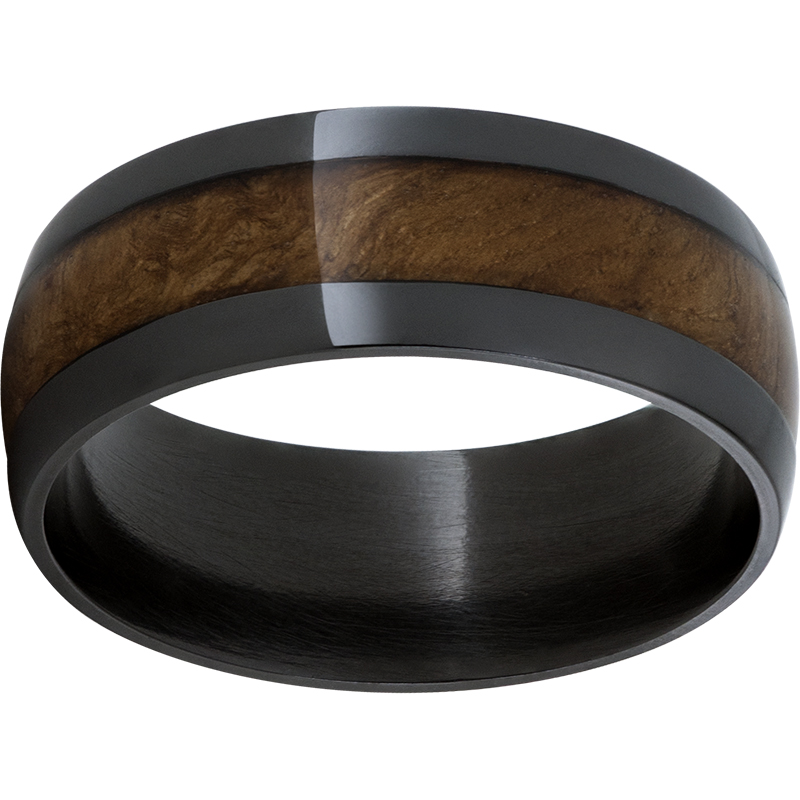 Black Zirconium Domed Band with Red Oak Burl Wood Inlay - Black Zirconium bands begin as a light-gray metal similar to titanium. The black color is achieved by heating the metal to a certain temperature. Once the metal has been oxidized to black it is much more wear resistant than in its natural state/color.