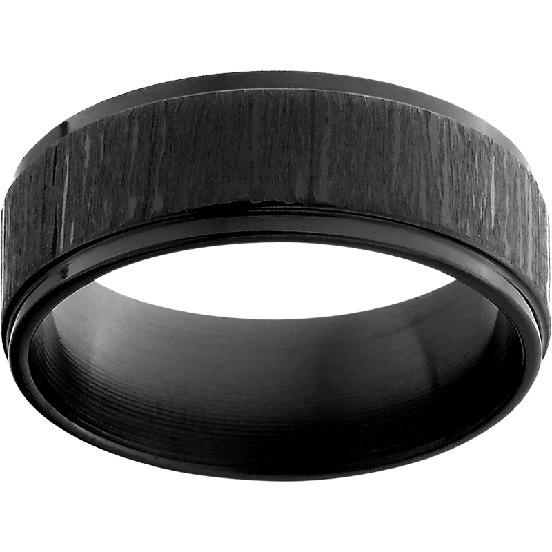 Black Zirconium Flat Band with Grooved Edges and Black Bark Finish by Jewelry Innovations