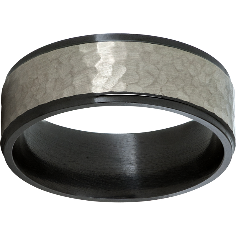 Black Zirconium Flat Band with Grooved Edges and Hammer Finish - Black Zirconium bands begin as a light-gray metal similar to titanium. The black color is achieved by heating the metal to a certain temperature. Once the metal has been oxidized to black it is much more wear resistant than in its natural state/color.