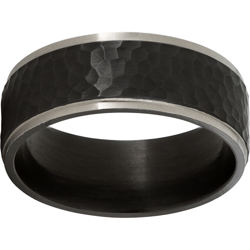 Black Zirconium Flat Band with Gray Grooved Edges and Black Hammer Finish - Black Zirconium bands begin as a light-gray metal similar to titanium. The black color is achieved by heating the metal to a certain temperature. Once the metal has been oxidized to black it is much more wear resistant than in its natural state/color.