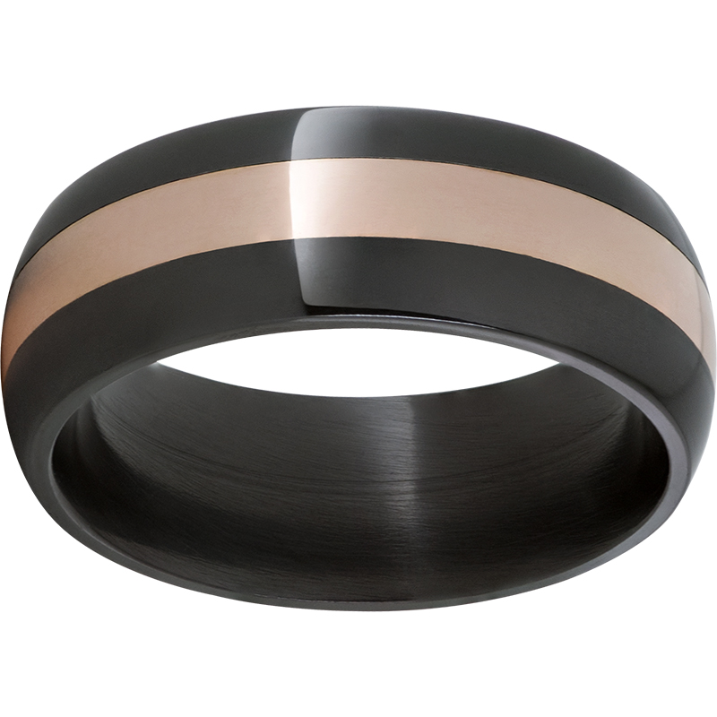 Black Zirconium Domed Band with 14K Rose Gold Inlay - Pink Diamond Ceramic rates about a 9 on Mohs' hardness scale. It's extremely scratch resistant, light weight and comfort fit.