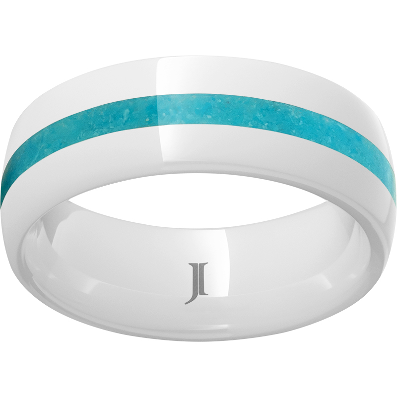 White Diamond Ceramic Domed Ring with a 2mm Turquoise Inlay - White Diamond Ceramic rates about a 9 on Mohs' hardness scale. It's extremely scratch resistant, light weight and comfort fit.