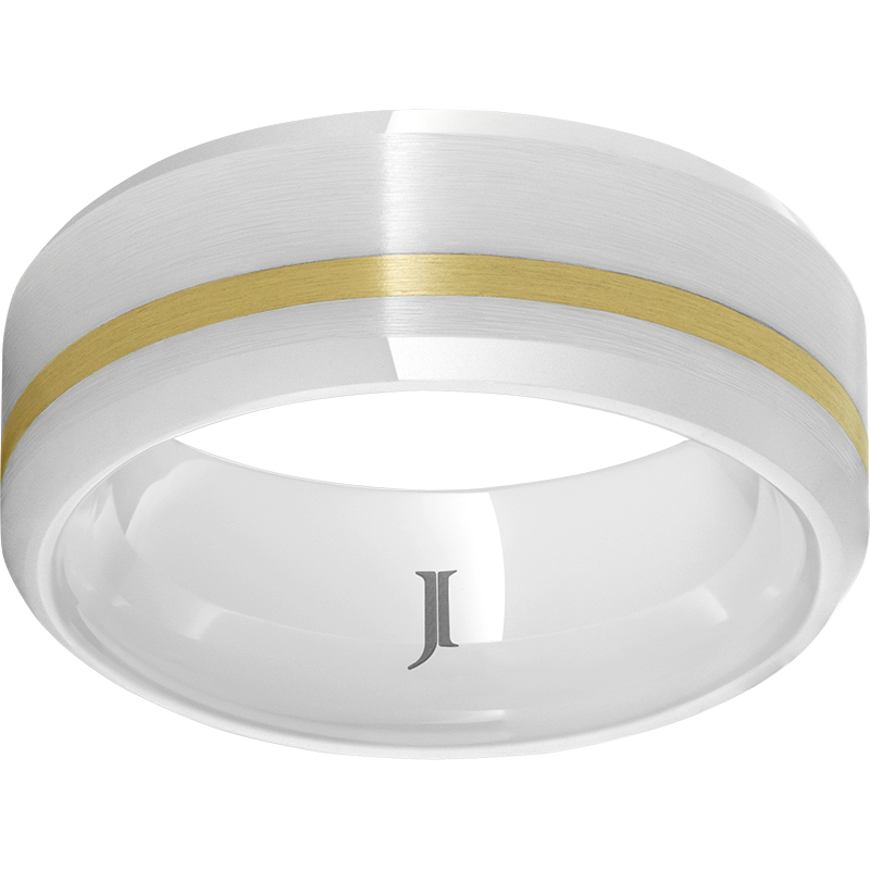 White Diamond Ceramic Beveled Edge Ring with a 1mm Off-Center 14K Yellow Gold Inlay - White Diamond Ceramic rates about a 9 on Mohs' hardness scale. It's extremely scratch resistant, light weight and comfort fit.