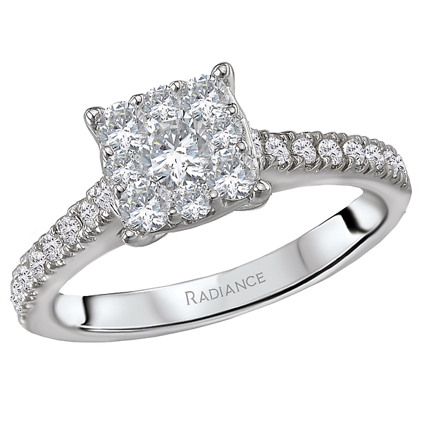 Diamond Cluster Bridal Ring - This stylish ring features a shank lined with round sparkling diamonds that surrounds the princess shaped halo cluster center set in high polished 14k white gold. (D 3/4 carat total weight)
