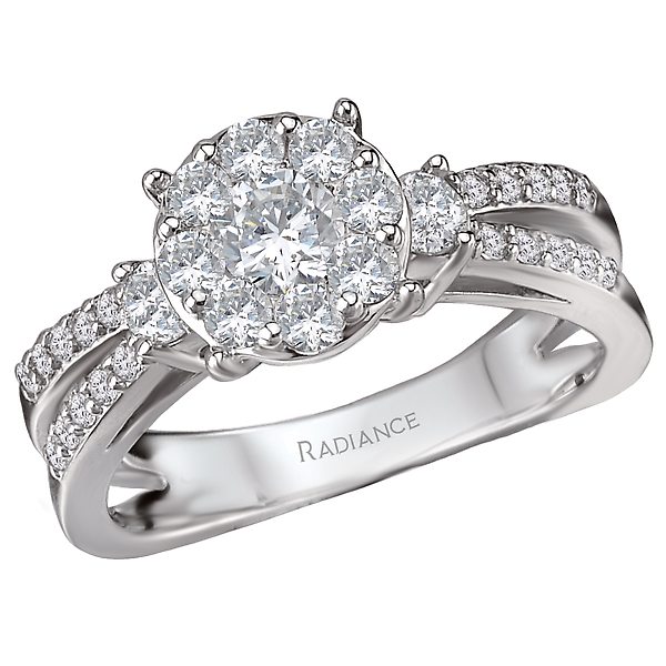 Radiance Split Shank Diamond Ring - This elegant engagement ring showcases a split shank surrounding the round diamond cluster center set in 14k white gold. (D 1.0 carat total weight)