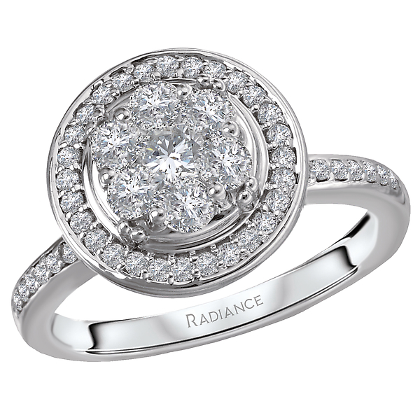 Halo Diamond Cluster Ring - Sparkling round halo ring features a plethora of diamonds set in high polished 14k white gold. (D 3/4 carat total weight)