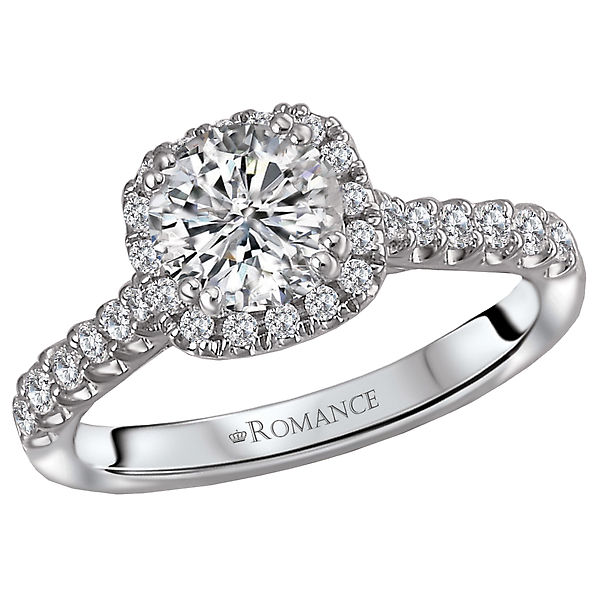 Halo Semi-Mount Diamond Ring - Cushion Style Halo Diamond Romance Engagement Ring in 14kt White Gold. (D 1/3 carat total weight) This item is a SEMI-MOUNT and it comes with NO CENTER STONE as shown but it will accommodate a 6.5mm round center stone.