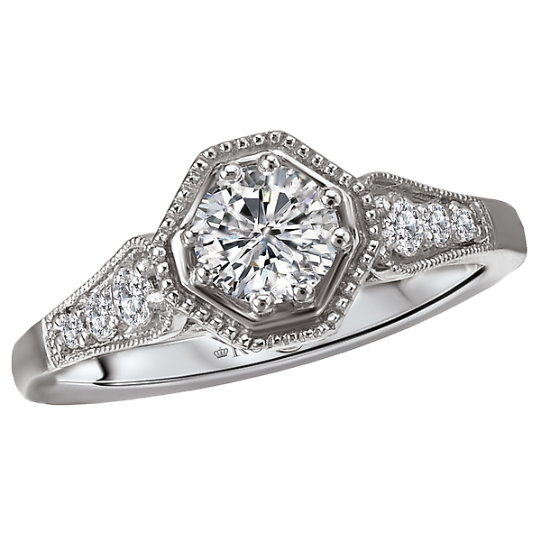 Halo Diamond Ring - Octagon Shaped Halo Diamond Ring in 14kt White Gold with Milgrain and Beaded Detail. (D 5/8 carat total weight) This Includes a Round Center Stone of D 3/8 carat weight as Shown.