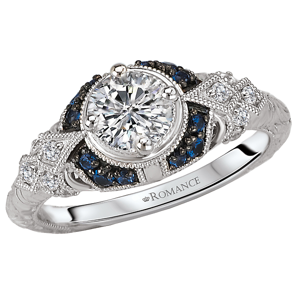 Vintage Diamond Ring - Vintage Style Diamond and Sapphire Ring in 14kt White with Engraving and Milgrain Detail. (D 1/2 carat weight and S. 1/8 carat weight) This Includes a round 4.8-5.2mm stone as shown.