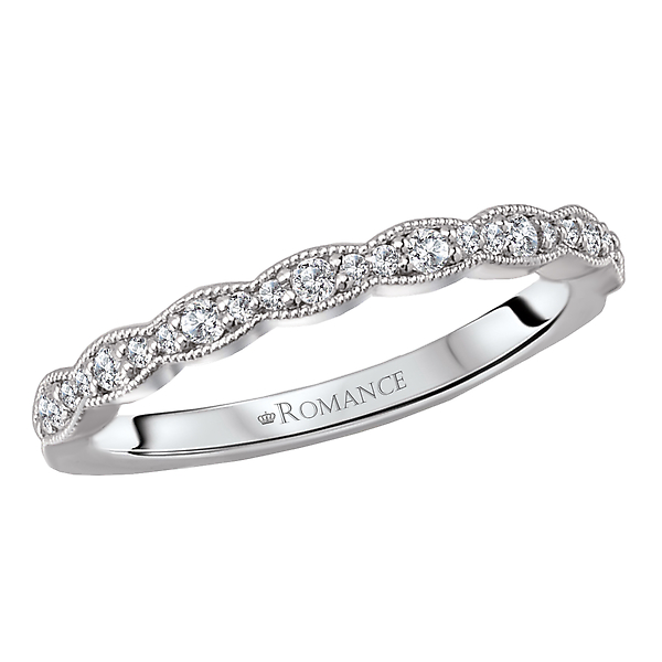 Matching Wedding Band - This is a Scalloped Matching Wedding Band with Milgrain Detail and Round Diamonds Created in 14kt White Gold. (D 1/6 carat total weight)