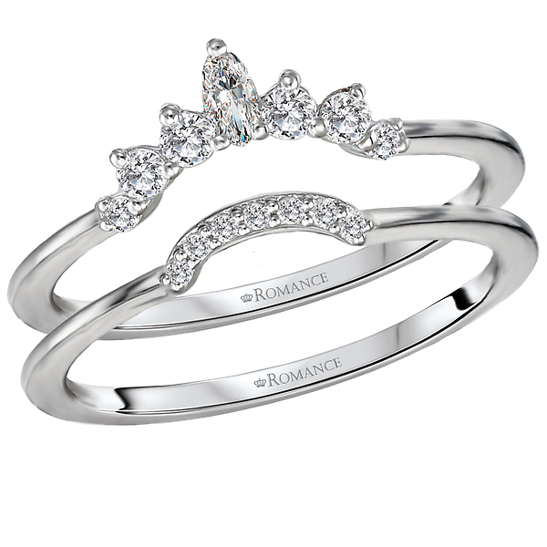Nesting Wedding Band - This nesting wedding band with guard is encrusted with marquise and round diamonds along curves that will surround a  round cut solitare diamond.  All set in high polished 14kt white gold. (D 1/4 carat total weight)