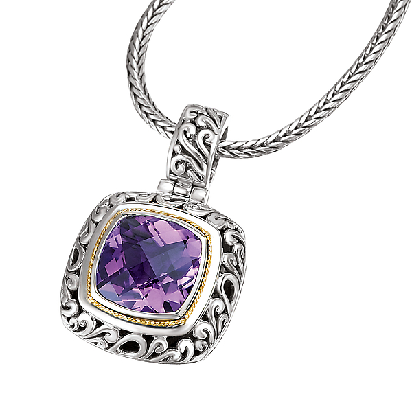18K/SILVER WITH AMETHYST      CUSHION CUT PEND. AM-15MM - Faceted Cushion Cut 15mm Amethyst Pendant in Sterling Silver with 18kt Yellow Gold Accents. (AM 11.8 carat total weight)  Chain shown is sold separately