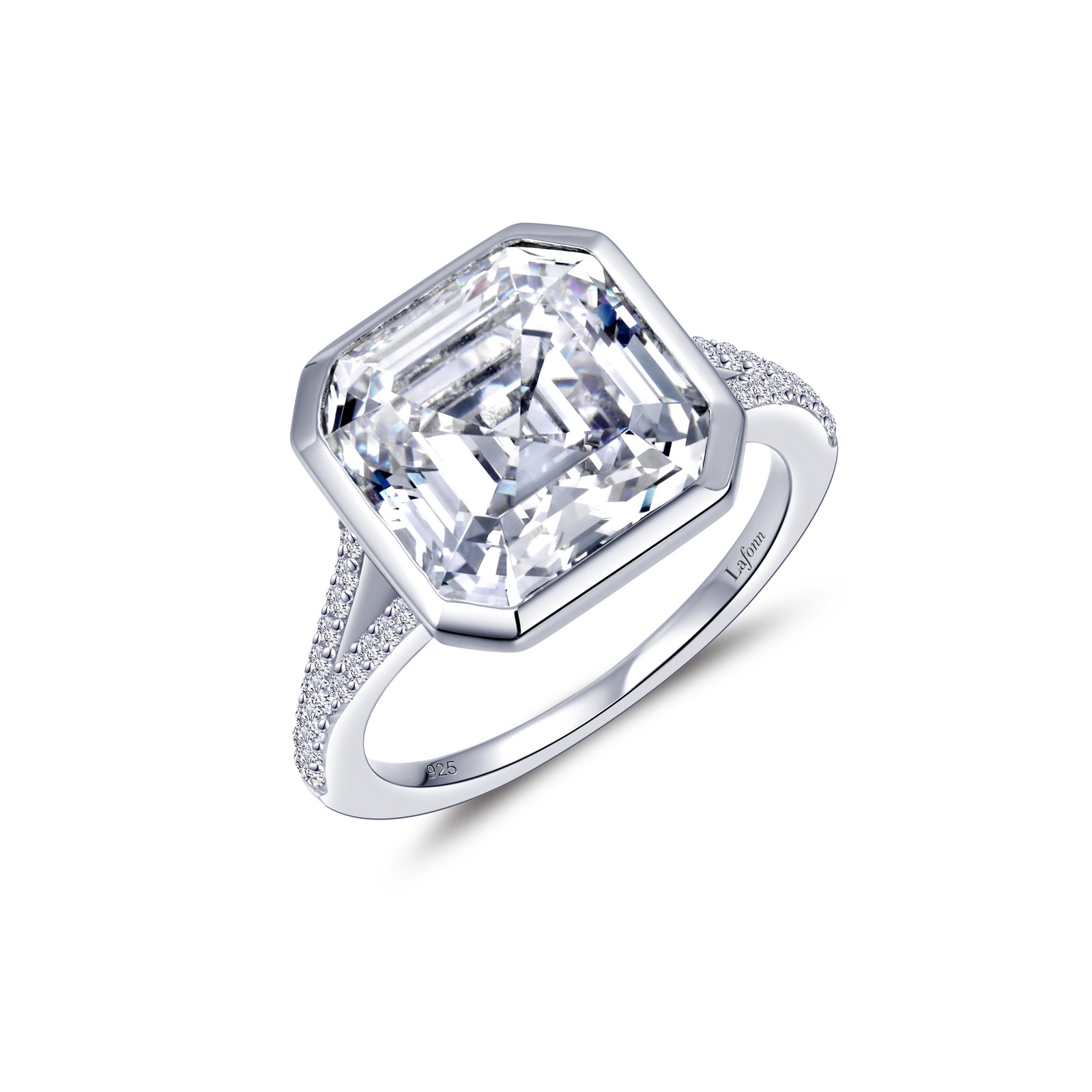 Stunning Engagement Ring - Elegant and sophisticated. This dramatic ring features a bezel-set Lafonn asscher-cut simulated diamond and a split shank set with Lafonn simulated diamonds. The ring is in sterling silver bonded with platinum.