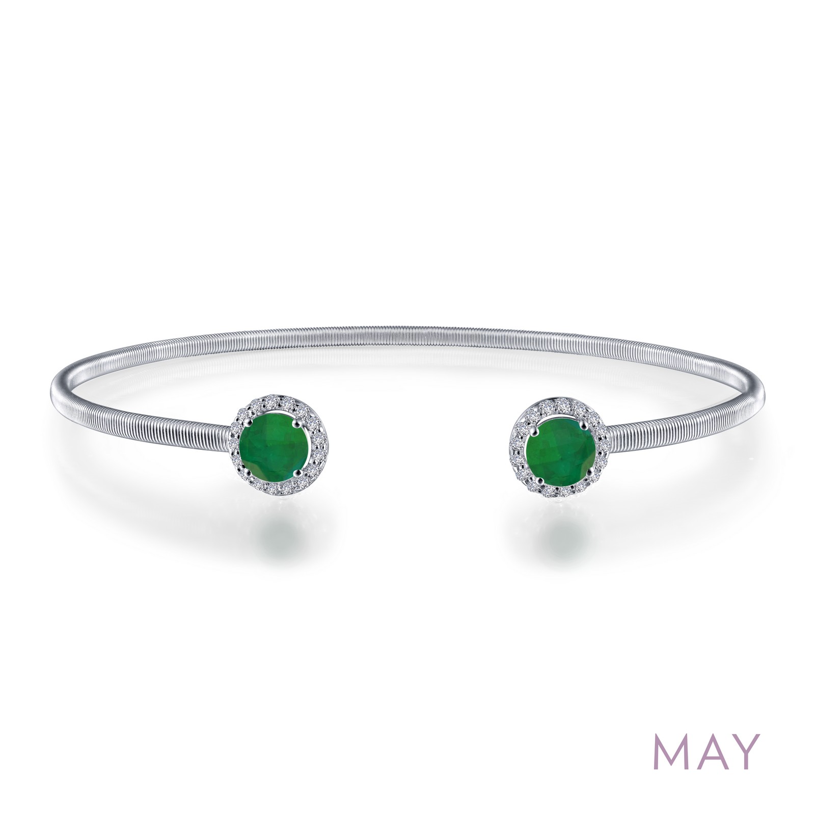 May Birthstone Bracelet - May - Emerald. Adorn yourself with Lafonn's birthstone jewelry. This flexible stackable open cuff halo bangle bracelet is set with Lafonn's signature Lassaire simulated diamonds and simulated emeralds. Bracelet is in sterling silver bonded with platinum. 