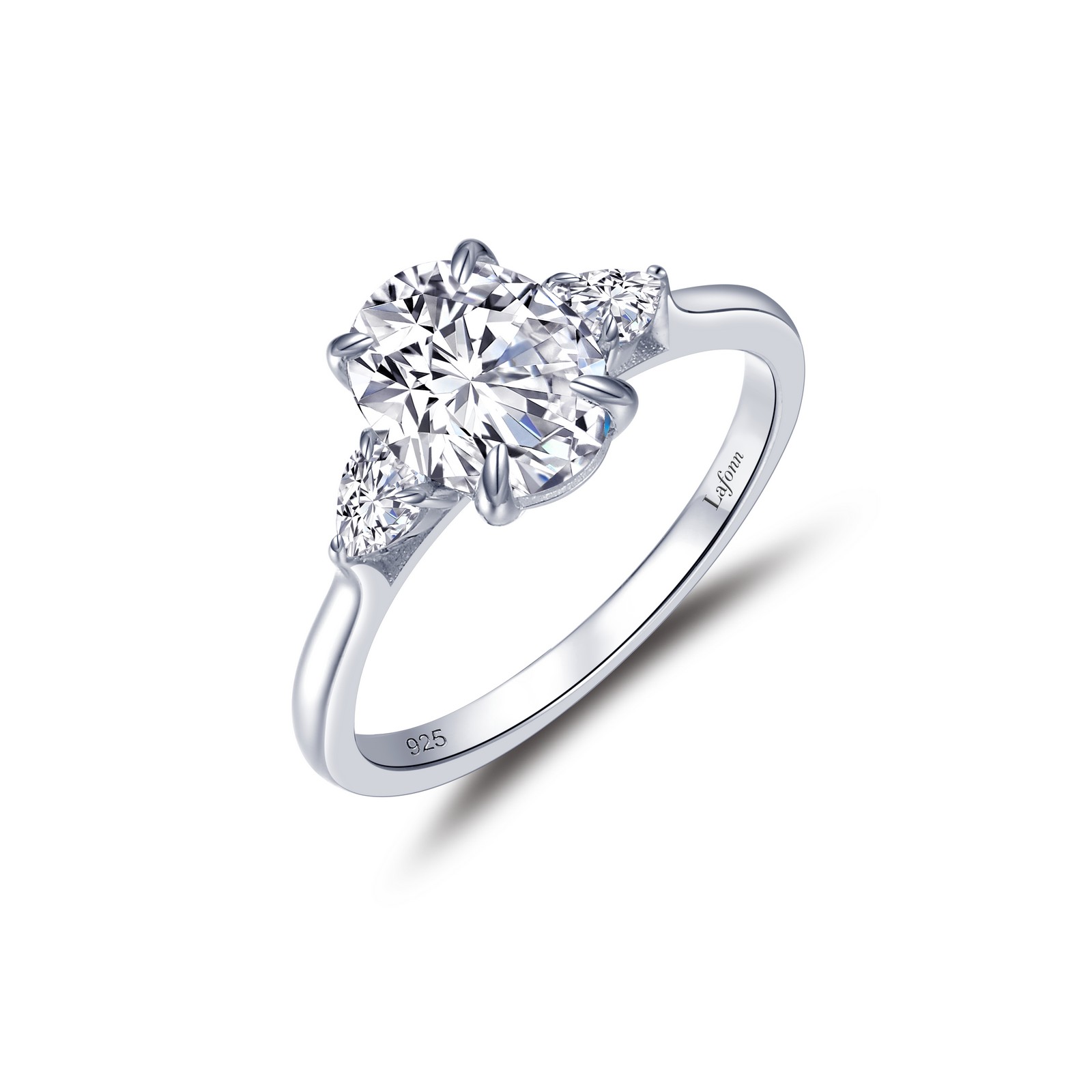 Classic Three-Stone Engagement Ring - A timeless classic. This radiant ring features an oval Lafonn Lassaire simulated diamond in the center with a single pear-shaped simulated diamond on each side. It is set in sterling silver bonded with platinum.