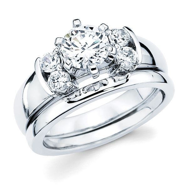 14k White Gold Bridal Set - Classic Bridal: 1/3 Ctw. Diamond Semi Mount shown with 1 Ct. Round Center Diamond in 14K Gold Wedding Band in 14K Gold Items also available to purchase separately