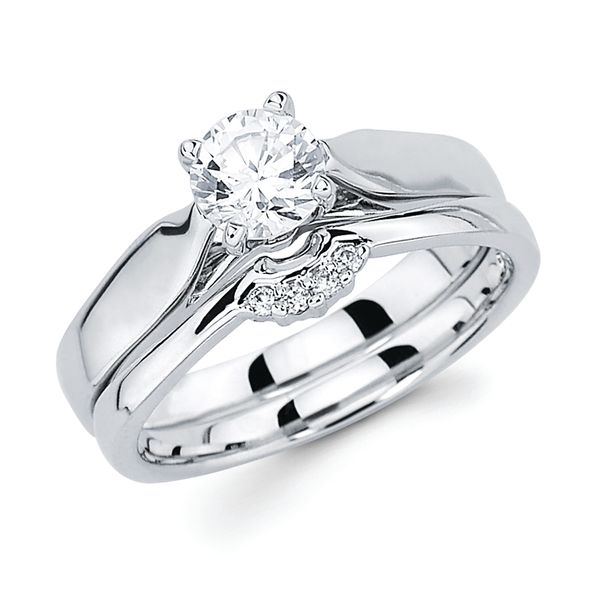 14k White Gold Bridal Set - Classic Bridal: Diamond Ring shown with 3/4 Ct. Round Center Stone in 14K Gold .04 Ctw. Diamond Contour Wedding Band in 14K Gold Items also available to purchase separately