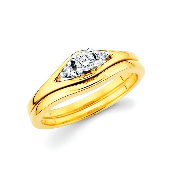 14k Yellow & White Gold Bridal Set - Modern Bridal: .04 Ctw. Diamond Split Shank Semi Mount available for 1/10 Ct. Round Center Diamond in 14K Gold Contour Wedding Band in 14K Gold Items also available to purchase separately