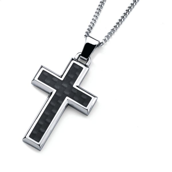 Sterling Silver Men's Necklace - Men's Stainless Steel Cross Pendant with Carbon Fiber Accent with 24 Inch Curb Chain and Spring Ring Clasp