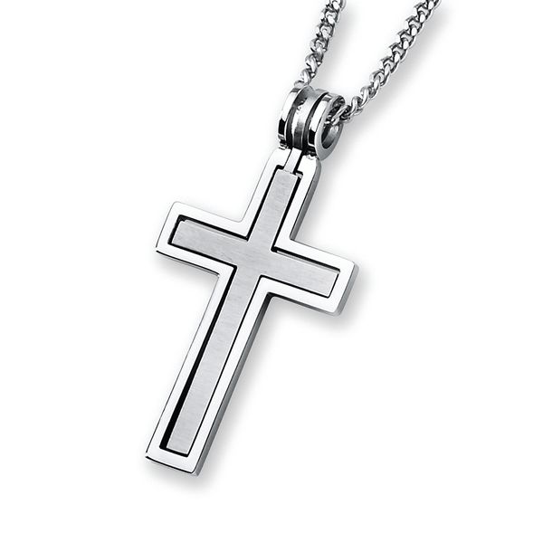 Sterling Silver Men's Necklace - Men's Stainless Steel Embedded Cross Pendant with 24 Inch Curb Chain and Spring Ring Clasp Stainless Steel Cross Pendant with 24