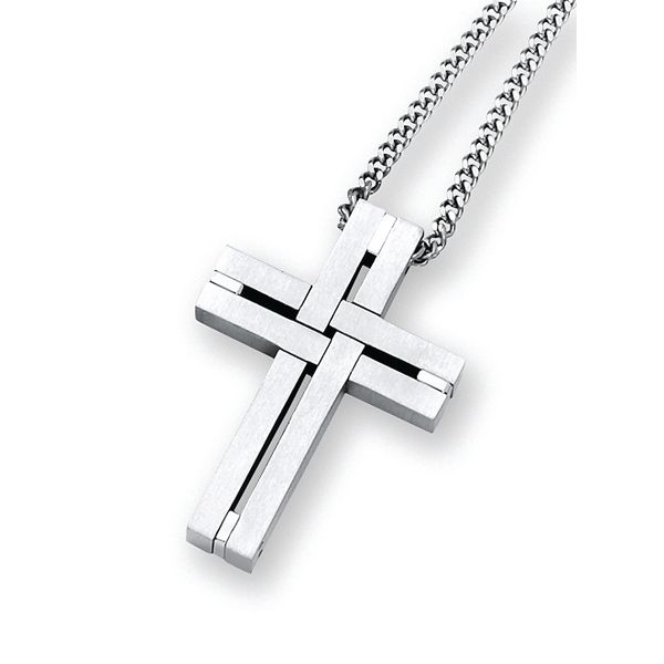 Sterling Silver Men's Necklace - Men's Stainless Steel Woven Cross Pendant with 24 Inch Curb Chain and Spring Ring Clasp