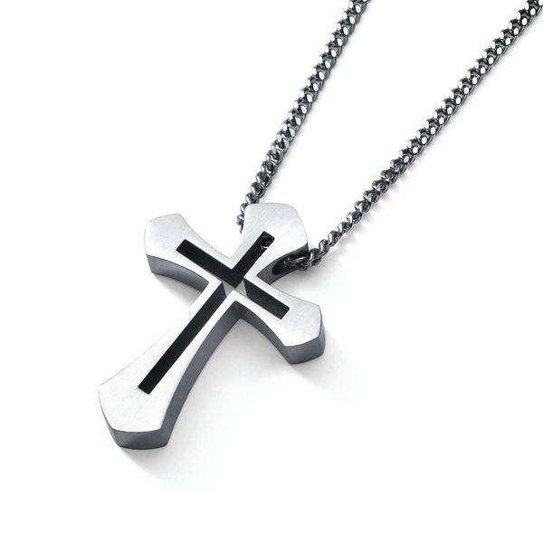 Sterling Silver Men's Necklace - Men's Stainless Steel Cross Pendant with Center Cutout Accent with 24 Inch Curb Chain and Spring Ring Clasp Stainless Steel Cross Pendant with 24