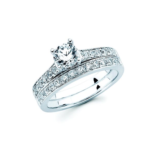 14k White Gold Bridal Set - Classic Bridal: 1/4 Ctw. Diamond Semi Mount shown with 5/8Ct. Round Center Diamond in 14K Gold 1/3 Ctw. Diamond Wedding Band in 14K Gold Items also available to purchase separately