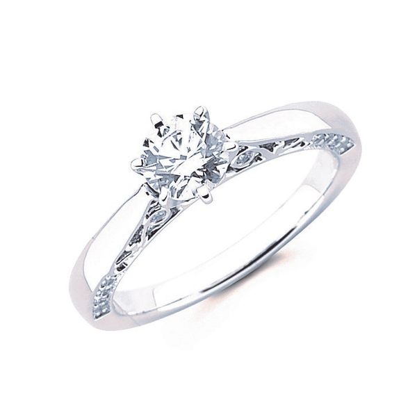 14k White Gold Engagement Ring - Vintage Bridal: 1/8 Ctw. Diamond Semi Mount with Patterned Band shown with 3/4 Ct. Round Center Diamond in 14K Gold Engagement ring and wedding band sold separately