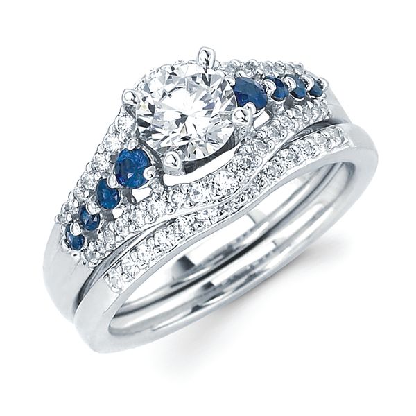 14k White Gold Bridal Set - Classic Bridal: 1/4 Tgw. Sapphire & Diamond Halo Semi Mount (Includes 1/5 Ctw. Diamonds) available for 3/4 Ct. Round Center Diamond in 14K Gold 1/10 Ctw. Diamond Contour Wedding Band in 14K Gold Items also available to purchase separately