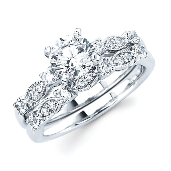 14k White Gold Bridal Set - Vintage Bridal: 1/5 Ctw. Diamond Semi Mount with Millgrain Detail shown with 1 Ct. Round Center Diamond in 14K Gold 1/5 Ctw. Diamond Wedding Band with Millgrain Detail in 14K Gold Items also available to purchase separately