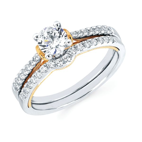 14k White & Yellow Gold Bridal Set - Modern Bridal: 1/8 Ctw. Diamond Semi Mount shown with 1/2 Ctw. Round Center Diamond in 14K Gold 1/6 Ctw. Diamond Shadow Wedding Band in 14K Gold Items also available to purchase separately