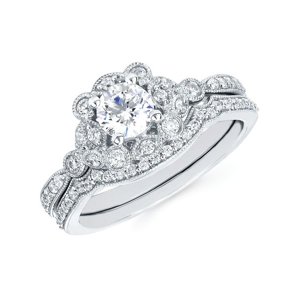 14k White Gold Bridal Set - Halo Bridal: 1/4 Ctw. Diamond Halo Semi Mount available for 1/2 Ct. Round Center Diamond in 14K Gold 1/8 ctw. Diamond Wedding Band in 14K Gold Items also available to purchase separately
