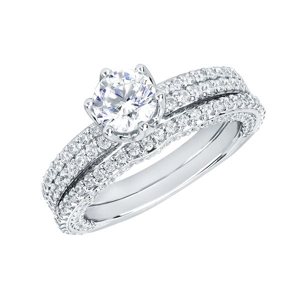 14k White Gold Bridal Set - Modern Bridal: 3/4 Ctw. Diamond Semi Mount shown with 3/4 Ctw. Round Center Diamond in 14K Gold 1/3 ctw. Diamond Wedding Band in 14K Gold Items also available to purchase separately