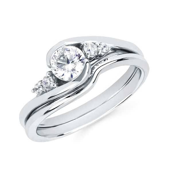 14k White Gold Bridal Set - Modern Bridal: 1/10 Ctw. Diamond Semi Mount shown with a 1/2 Ct. Round Center Diamond in 14K Gold Wedding Band in 14K Gold Items also available to purchase separately